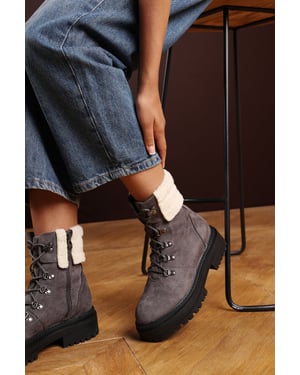 Wheres That From Womens 'Alia' Suede Lace-Up Ankle Boots with Faux Fur Lining and Chunky Sole