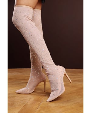 Wheres That From Womens 'Korra' Over The Knee Mesh Stiletto Heel Boots with Diamante Embellishment