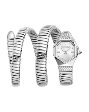 Just Cavalli Snake Watch, Silver Color Case, Silver Dial, Stainless Steel Bracelet