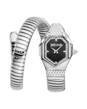 Just Cavalli Snake Watch, Silver Color Case, Black Dial, Stainless Steel Bracelet
