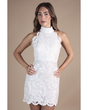 High Neck Embroidered Mesh Mini Wedding Dress