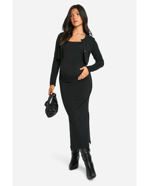 Maternity Textured Rib Strappy Side Split Midaxi Dress & Crop Cardigan
