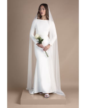 Petite Slash Neck Puddle Wedding Dress