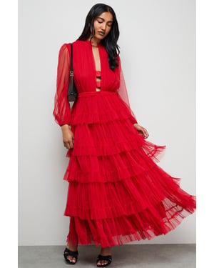 Ruffle Neck Tulle Maxi Dress