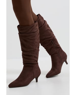 Wide Fit Khloe Faux Suede Kitten Heel Knee High Ruched Boots