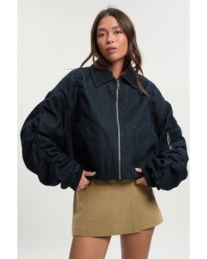 Ruched Sleeve Denim Bomber Jacket