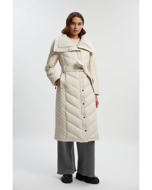 Padded Faux Leather & Faux Fur Mix Midi Coat