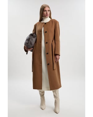 Brushed Wool Single Breasted Belted Tailored Maxi Coat