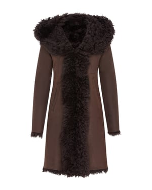 Dames bruine Toscaanse schapenvacht leren trenchcoat met capuchon - Coast