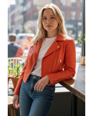 Womens Cropped Brando Orange Leather Biker Jacket-Durban