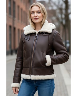 Womens Creck Brown Hooded Sheepskin Flying Bomber Leather Jacket - Sovereign