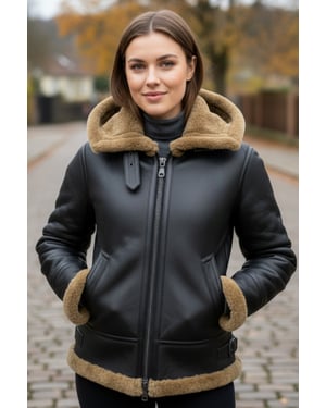 Womens Brown Ginger Hooded Sheepskin Flying Bomber Leather Jacket - Sovereign