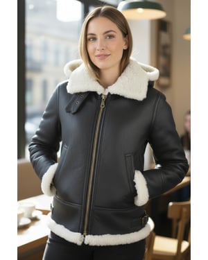 Womens Brown Cream Hooded Sheepskin Flying Bomber Leather Jacket - Sovereign