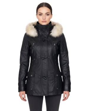 Womens Black Lamb Leather Quilted Parka Fur Hood Jacket- Duchess