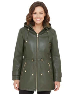 Groene leren parka voor dames met afneembare borg capuchon en trenchcoat - Emilia