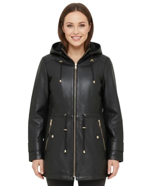 Womens Black Leather Parka Removable Borg Hooded Trench Coat - Emilia