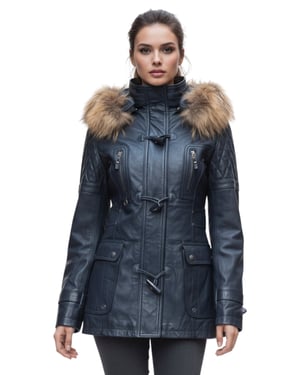 Womens Navy Lamb Leather Quilted Parka Fur Hood Jacket- Duchess