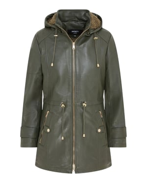 Dames groene leren parka met afneembare borg capuchon en trenchcoat - Trekker
