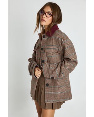 Contrast Cord Collar Herringbone Oversized Wool Look Shacket