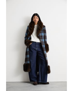 Faux Fur Collared Check Belted Coat