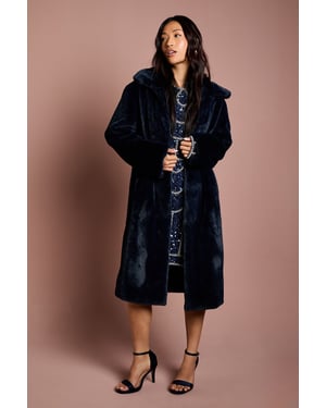 Navy Faux Fur Longline Collared Coat
