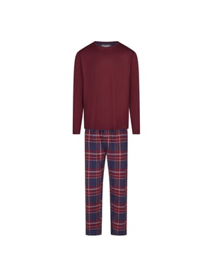 Phil & Co Lange heren pyjama set met flanellen pyjamabroek bordeaux rood/blauw