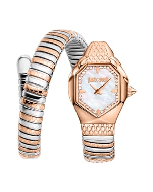 Just Cavalli Snake Watch, Rose Gold Color Case, White MOP Dial, Two Tone Stainless Steel Bracelet