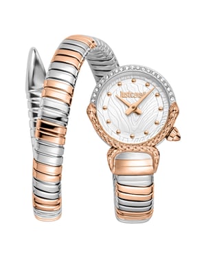 Just Cavalli Snake Watch, Two Tone Silver & Rose Gold Color Case, Silver dial, Two oned Stainless Steel Bracelet