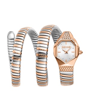 Just Cavalli Snake Watch, Rose Gold Color Case, Silver Dial, Two Tone Silver & Rose gold Stainless Steel Bracelet