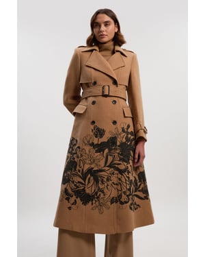 Wool Placement Print Tailored Double Breasted Belted Midi Coat