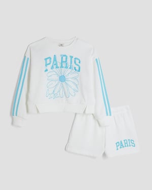 River Island Girls 2 Piece Set White Paris Sweatshirt & Shorts