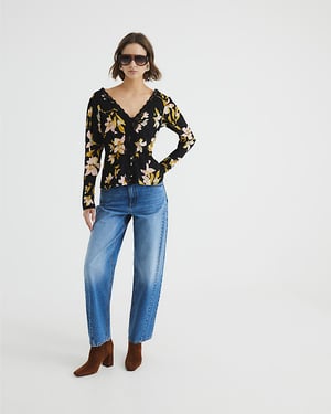 River Island Womens Top Black Long Sleeve Floral Lace Trim