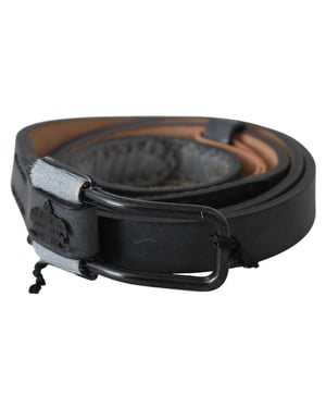 Ermanno Scervino Black Leather Fringes Logo Buckle Belt