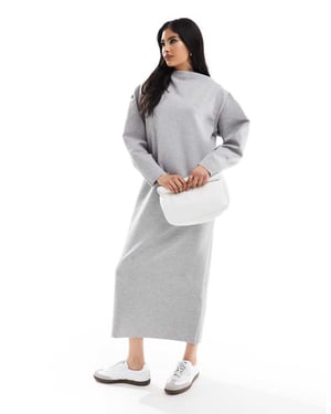 ASOS DESIGN – Grå midiklänning med svängd båtringning och långa ärmar