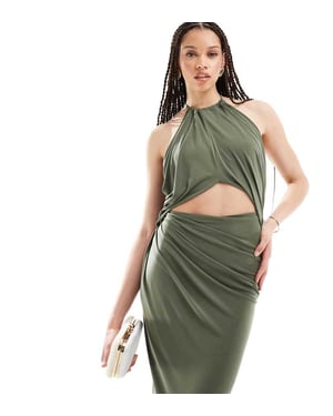 ASOS DESIGN Tall – Mjukt khakifärgad midiklänning med halterneck och rynka detaljer i mitten