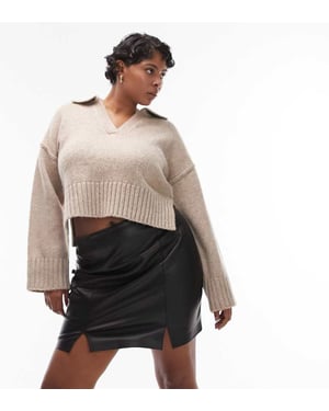 Topshop Curve – Svart minikjol i läderimitation med slits och detaljer