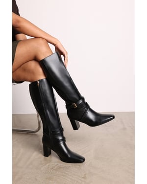 Wheres That From Womens 'Jolisa' Suede Buckle Strap Knee High Boots with Block Heel and Pointed Toe