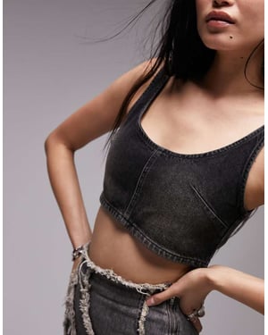 Topshop – Svart, tvättad mini-croptop i denim