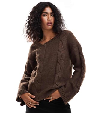 SNDYS premium asymmetric v neck cable knit jumper in mocha