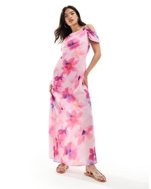 Vero Moda – Rosa blommig maxiklänning med bar axel