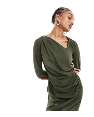 ASOS DESIGN Tall – Khakifärgad miniklänning med asymmetrisk halsringning och rynkade ärmar