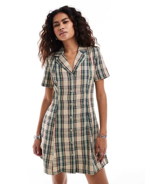 Something New – Marinblå och beige rutig miniskjortklänning med knappar
