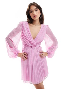 ASOS DESIGN – Lila plisserad miniklänning med djup urringning och dobbyärm