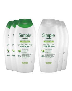 Simple 3 x 400ml (3 Each) Kind to Hair Gentle Care Shampoo & Conditinor