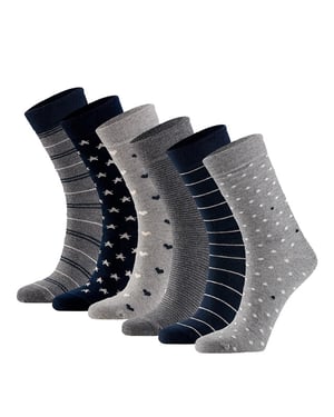Apollo Dames sokken hartjes gestreept sterren print bio katoen 6-pack grijs / navy blauw