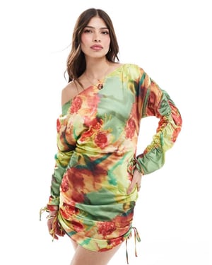 ASOS DESIGN one shoulder gathered sleeve mini dress in bright floral print