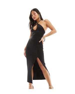 ASOS DESIGN Petite – Svart midiklänning med halterneck och utskuren passform i scuba-stil