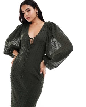 ASOS DESIGN – Mörkgrön midiklänning med ballongärmar och dobbymönster