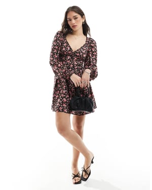 Miss Selfridge ruffle tie front mini tea dress in rose print