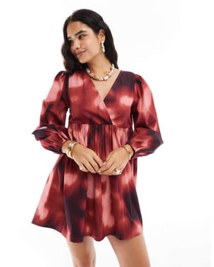 ASOS DESIGN cotton v-neck mini smock dress in blurred print